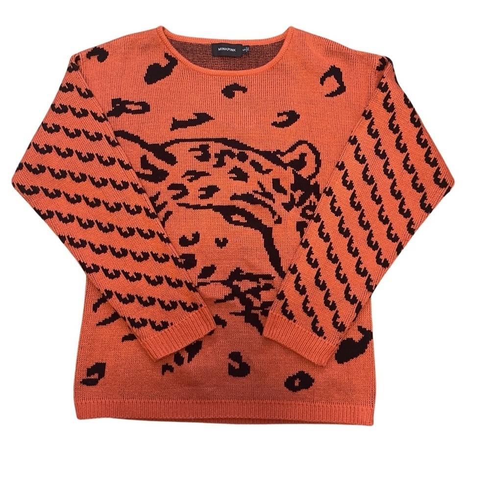 Mink Pink burnt orange all over cheetah design oversized pullover sweater size S